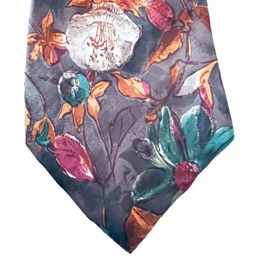 RALPH LAUREN Tie VINTAGE  Gray Floral Polo SILK EUC FAST SHIPPING 999-13